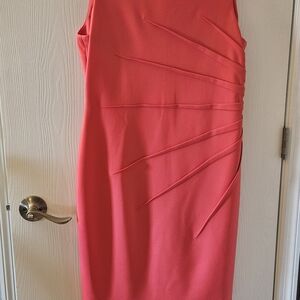 Calvin Klein Coral Midi Sheath Dress with Radiating Pleat Details